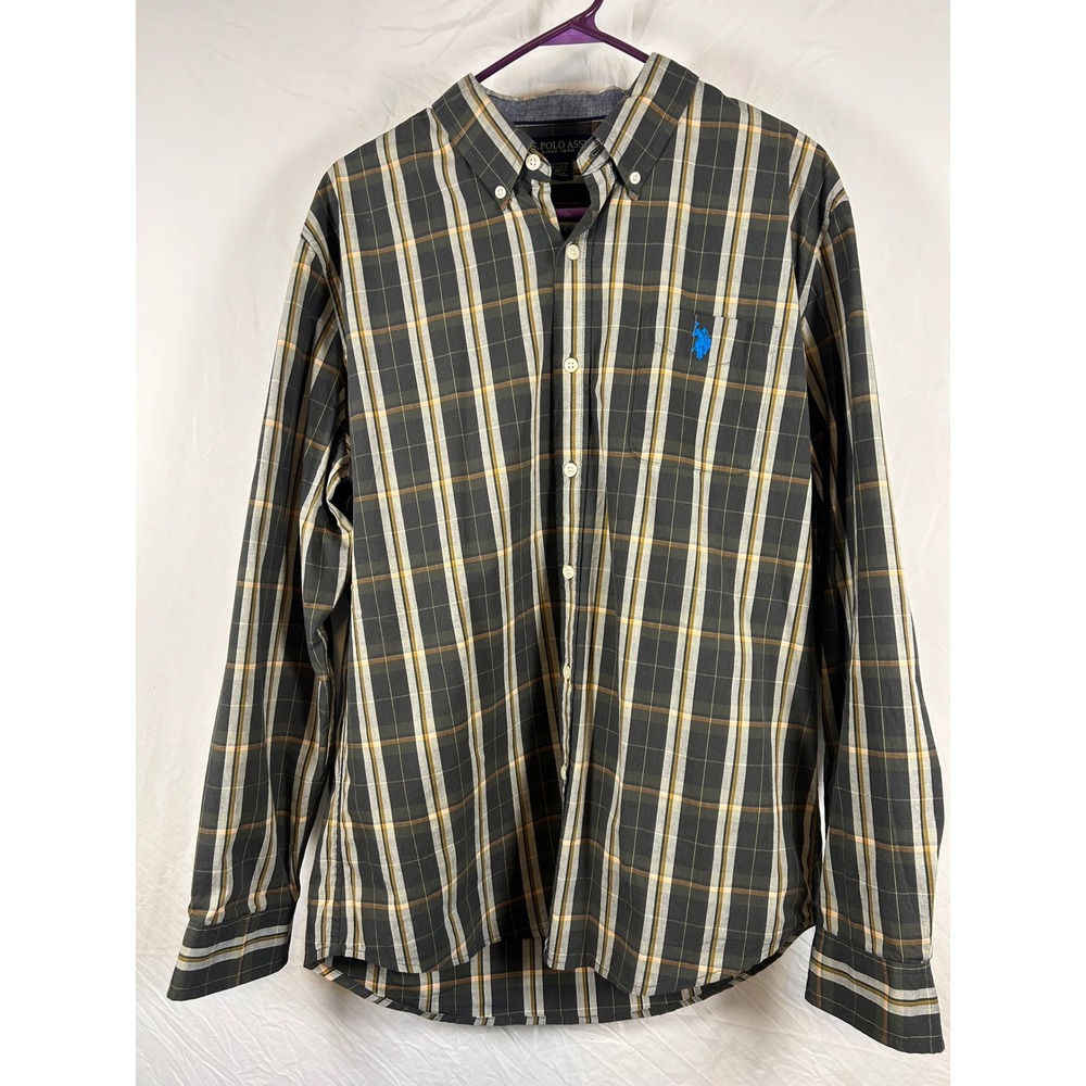 US Polo Assn Mens Large Plaid Button Down Shirt Olive Green Orange Long Sleeve